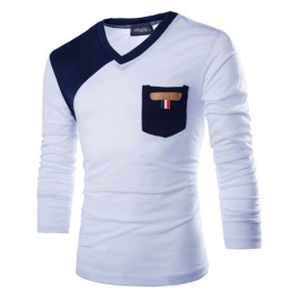 V-Neck Long Sleeve T-shirt in Color Block