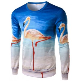 Trendy Crane Printed Long Sleeve Basic Tee with Crew Neck