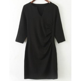 Glam Wrinkle Trim Sleeve Dress with V-Neckline