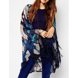 Stunning Floral Printed Shawl Neck Kimono with Tassel Edge