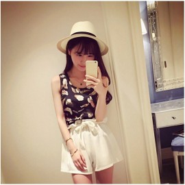 Korean Style Fashion Women High Waist Elastic Loose Pants Shorts White Belt