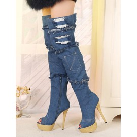 Fashion Peep Toe Denim Stiletto Heel Boots Size:35-39