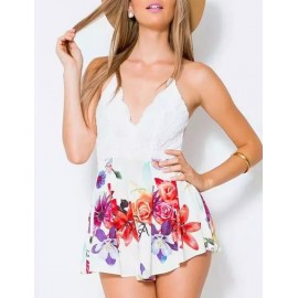 Seductive Lace Deep V-Neck Spaghetti Playsuit in Floral Size:S-XL