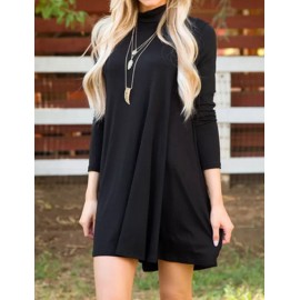 Basic High Neck Asymmetric Hem Dress in Long Sleeve