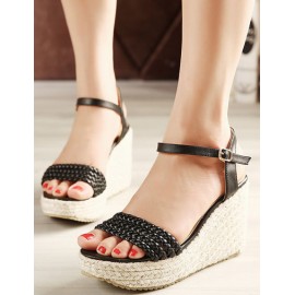 Bohemian Maryjane Weave Trim Wedge Sandals in Pure Color Size:34-39