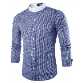 Gentle Stand Collar Plaid Print Slim Fit Shirt