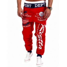 Sporty Drawstring Letter Waist Sweatpants in Badge Print