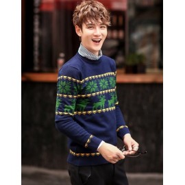 Retro Style Reindeer Pattern Round Neck Long Sleeve Sweater