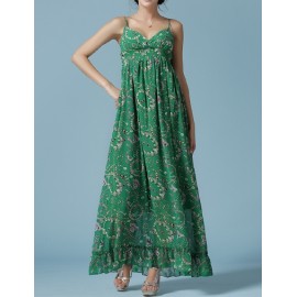 Bohemian High-Rise Chiffon Spaghetti Dress in Green