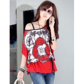 Stylish Printed Batwing Sleeve Loose Top with Sash