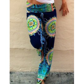 Jungle Floral Printed Elaist Waist Straight Pants with Wild-Leg