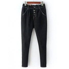 Unique Elastic Waist Button Trim Denim Pants Size:M-L